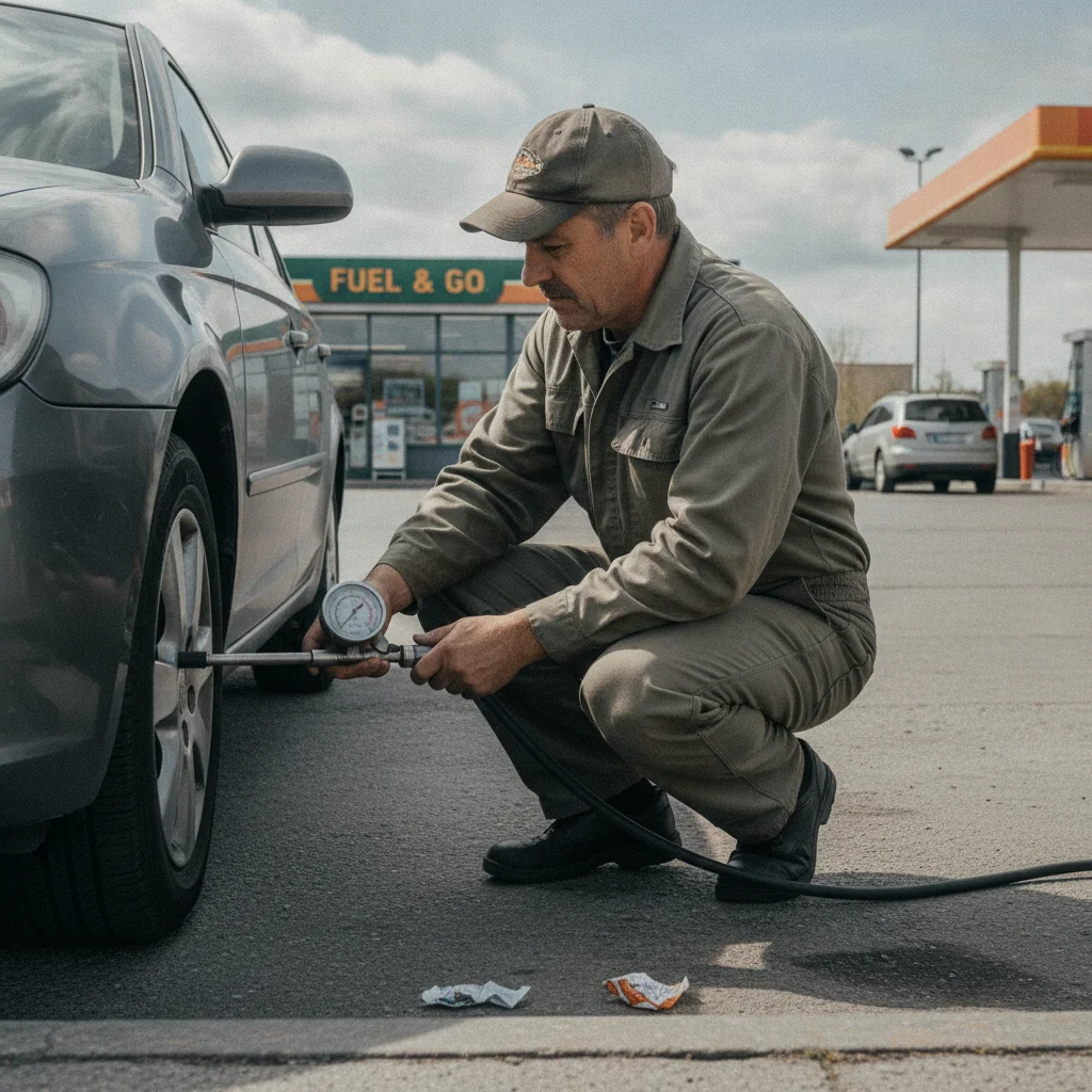 Driver inflating a car tire at a gas station air pump while checking pressure with a gauge