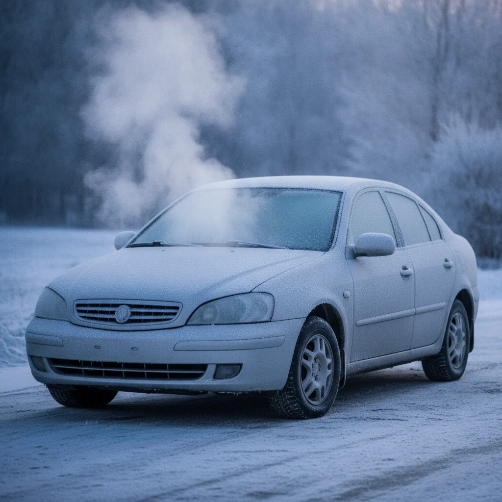 Frost-covered car parked on a cold winter morning with tires on snow-dusted pavement