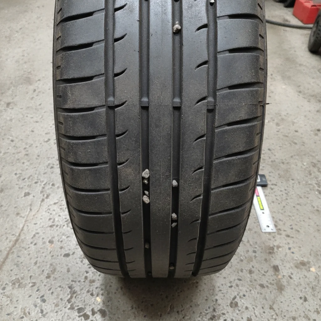 Close-up of tire tread showing uneven wear on outer edges caused by chronic under-inflation