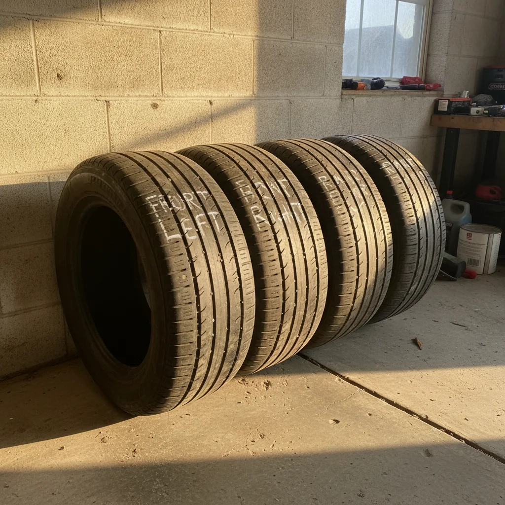 Four car tires arranged against a garage wall showing different tread wear levels at each position