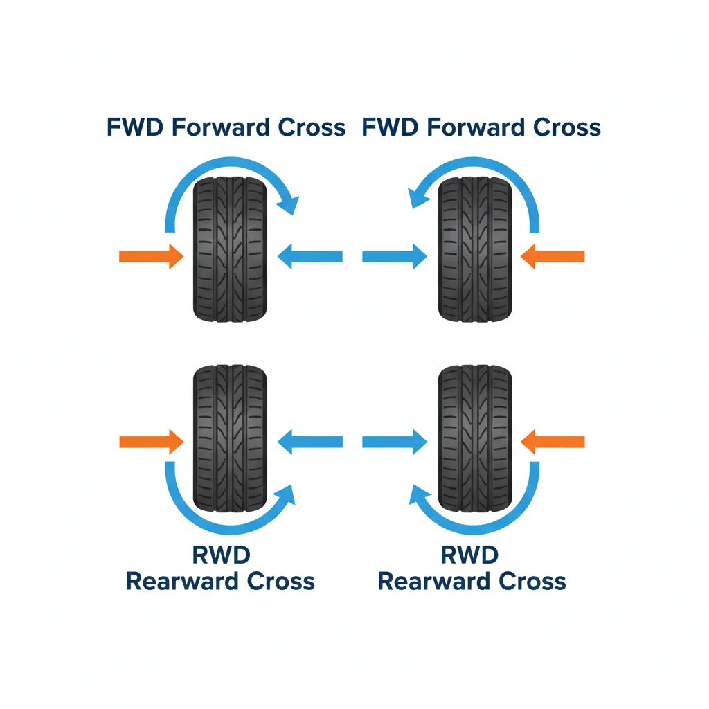 Diagram showing FWD and RWD tire rotation patterns with arrows indicating movement direction