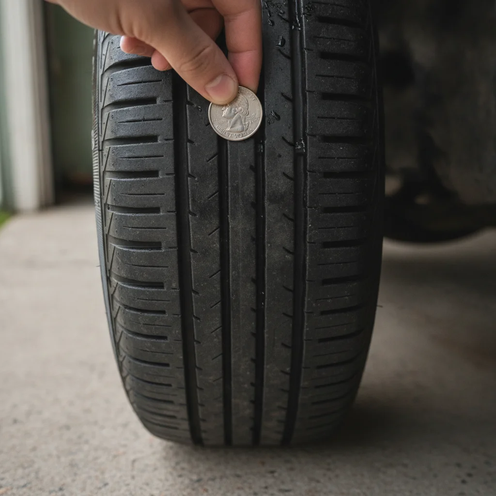 Hand inserting a quarter coin into a tire tread groove to measure remaining tread depth