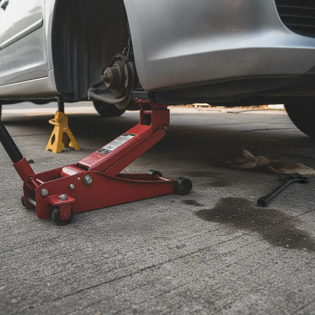 Floor jack positioned at vehicle jack point with jack stand supporting raised car on driveway
