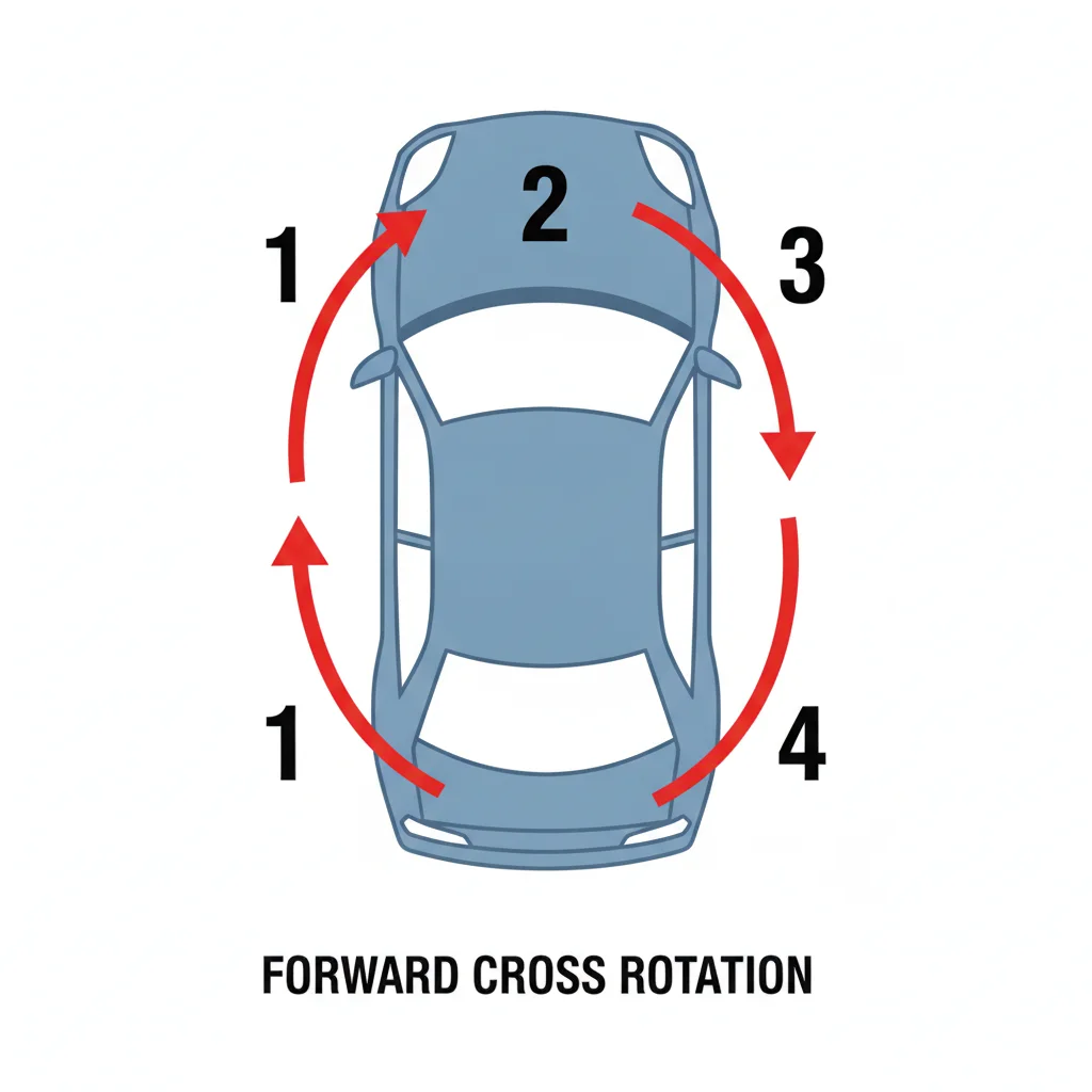 Overhead diagram of a car showing the forward cross tire rotation pattern with arrows