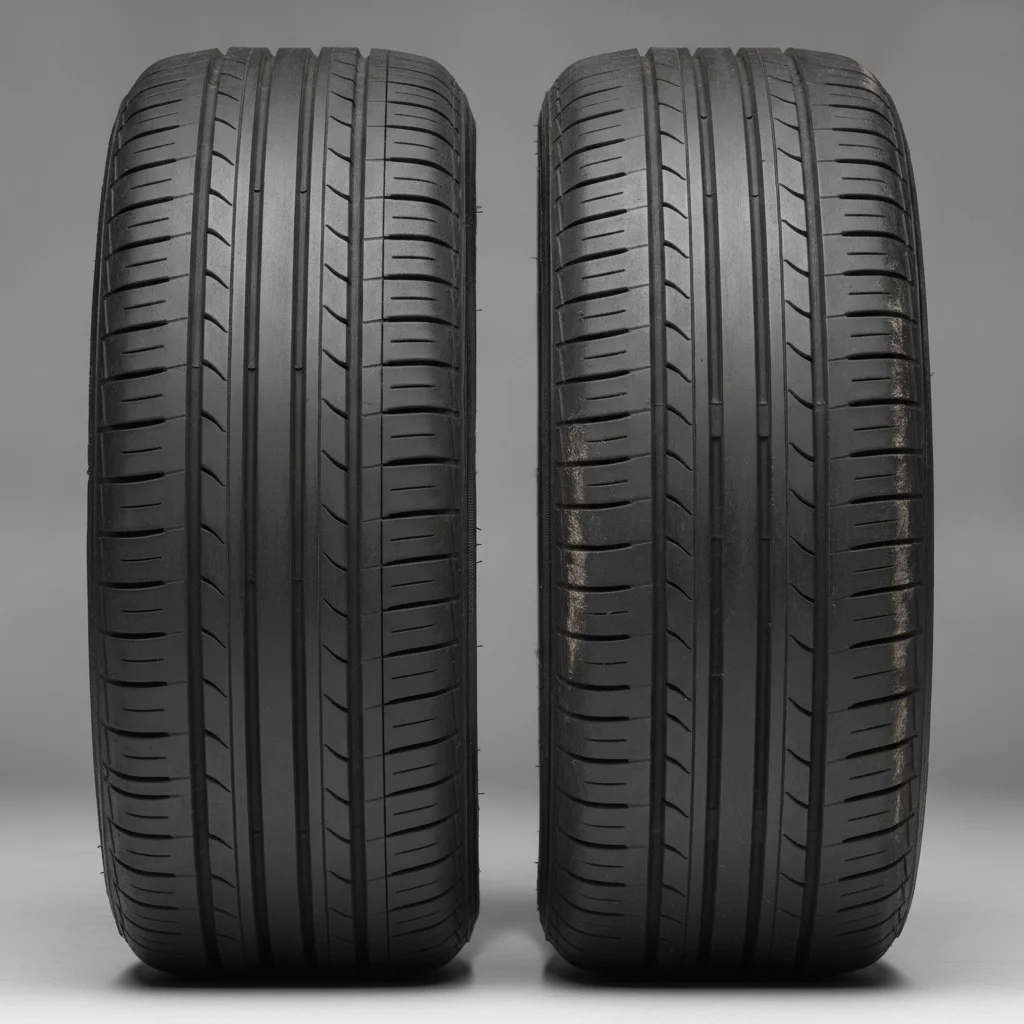 Two tire cross-sections side by side showing even tread versus severe outer edge wear
