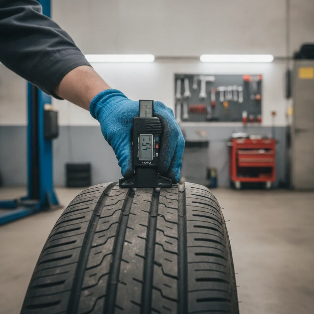 Mechanic measuring tire tread depth with a gauge in an automotive service shop