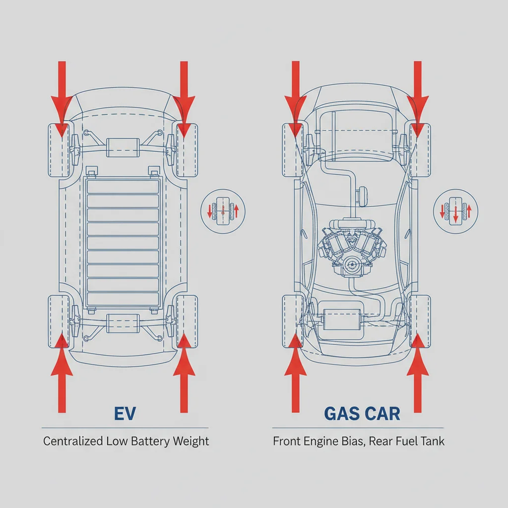 Diagram comparing weight distribution and tire load between an electric vehicle and a gas-powered car