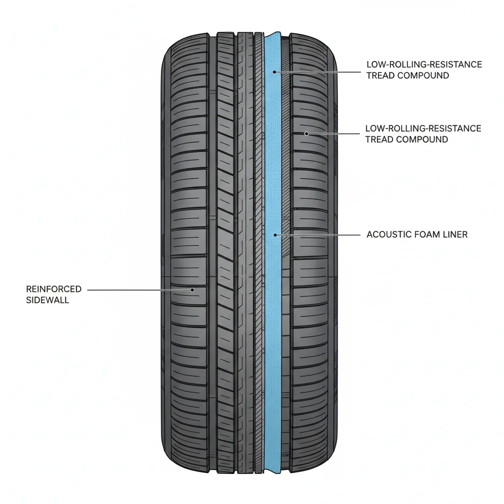 Cross-section cutaway of an EV-specific tire showing reinforced sidewall and acoustic foam liner