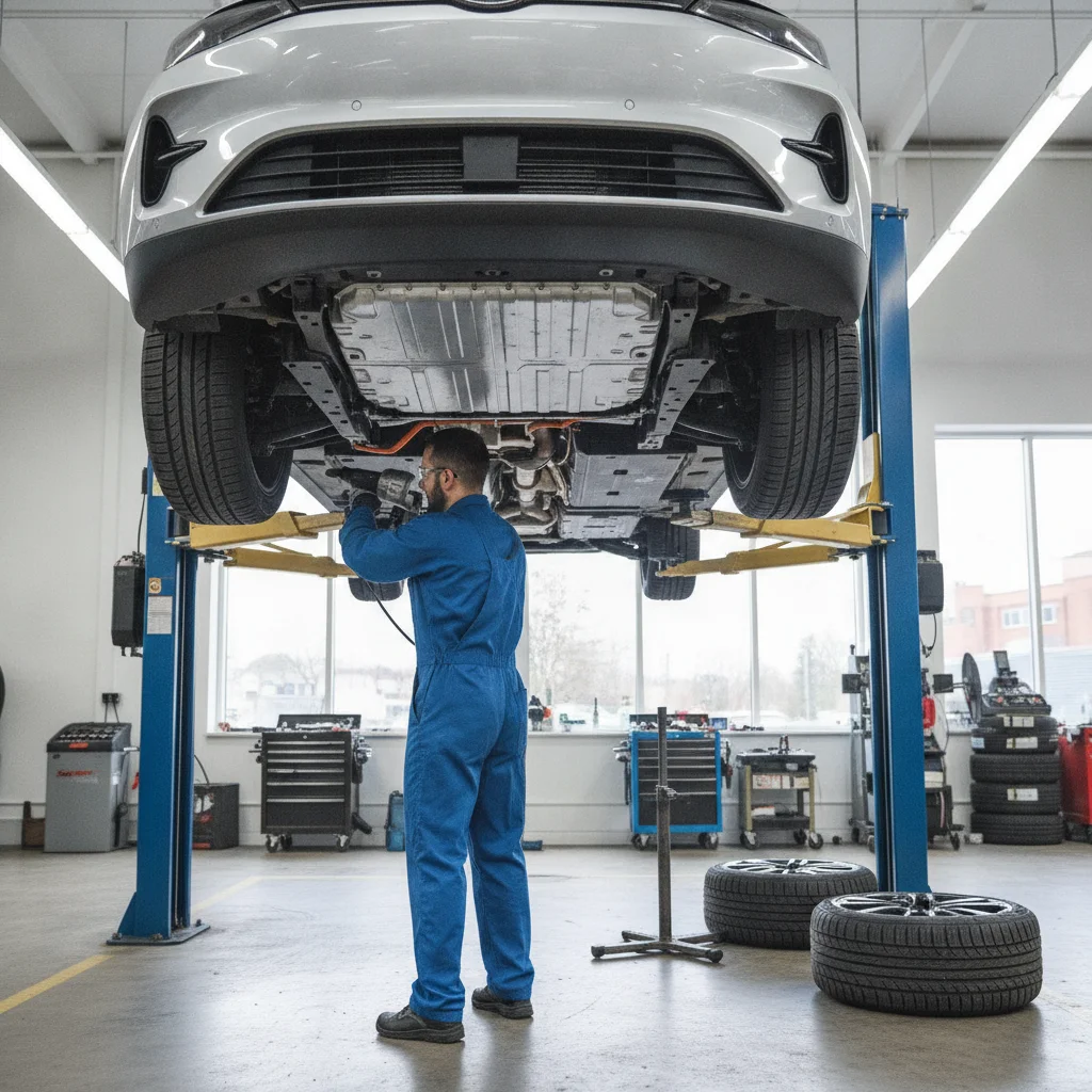 Automotive technician rotating tires on an electric vehicle lifted on a service rack in a professional shop