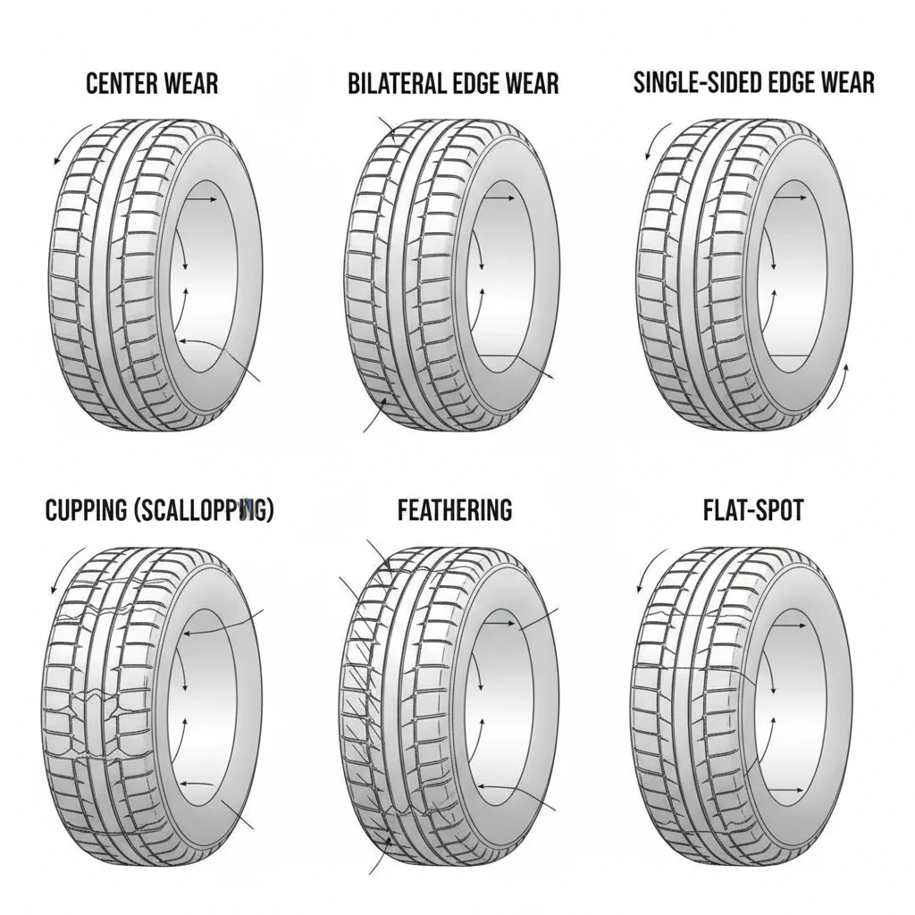 Diagram showing six different tire wear patterns labeled with their names and causes