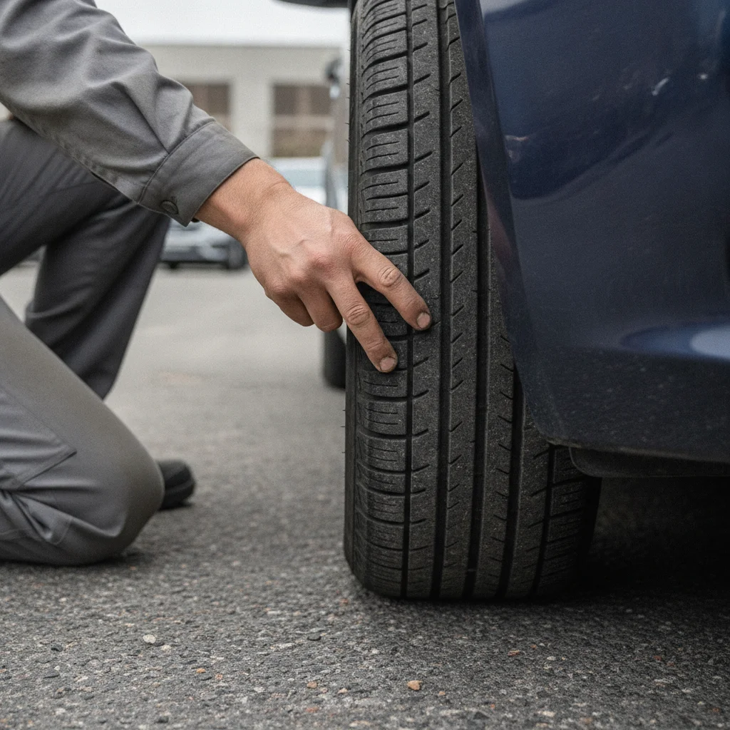 Person running finger along tire tread to feel for feathering wear during a used car inspection