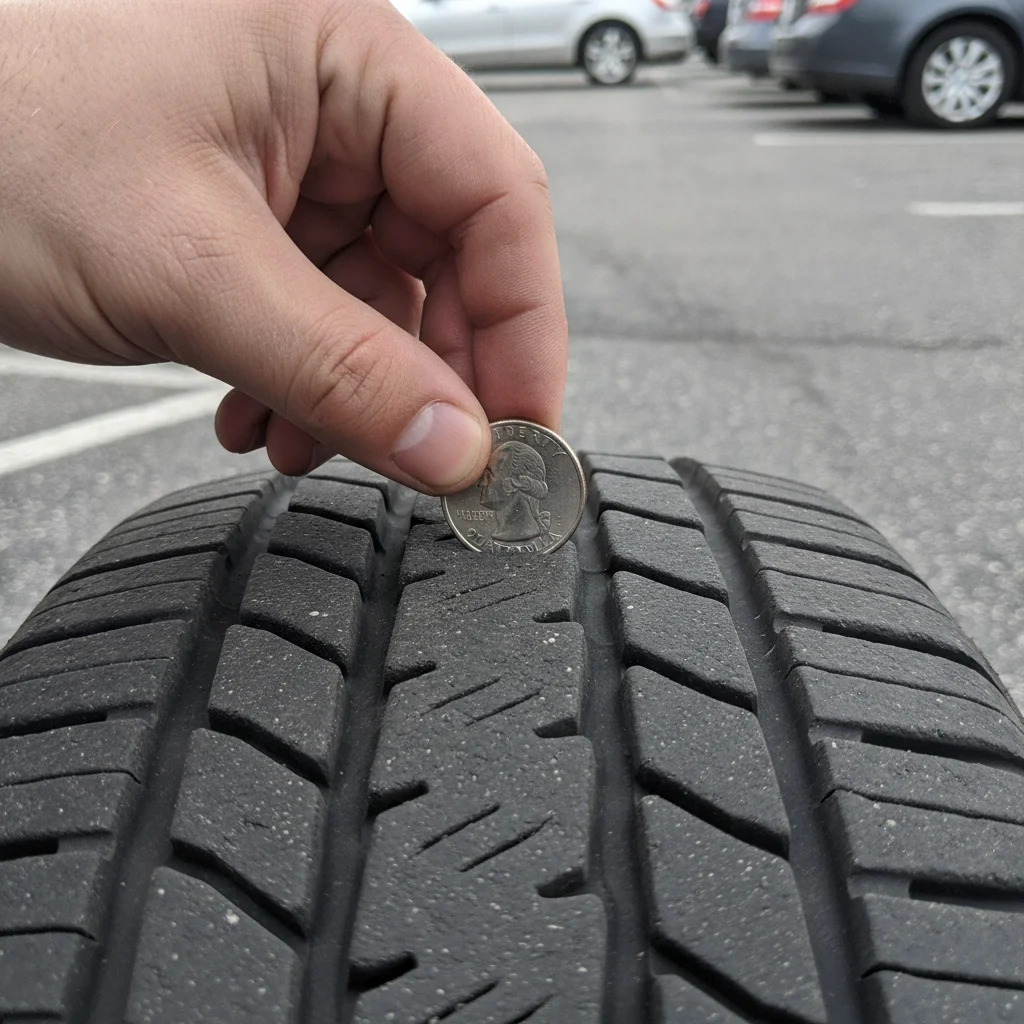 Hand inserting a quarter into tire tread groove to check tread depth during inspection