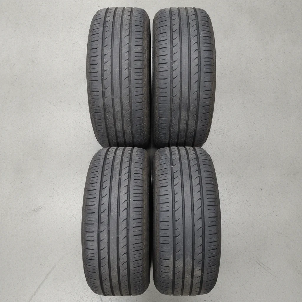Overhead view of four tires showing front tires significantly more worn than rear tires