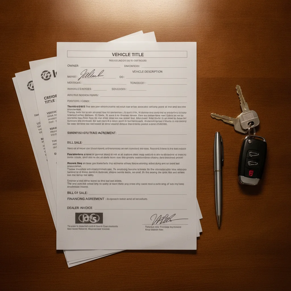 Stack of car purchase documents with a certificate of title on top, pen and car keys on a desk