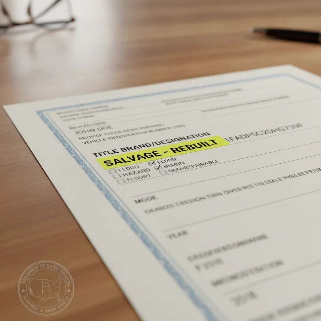 Vehicle title document with the title brand designation field highlighted on a desk