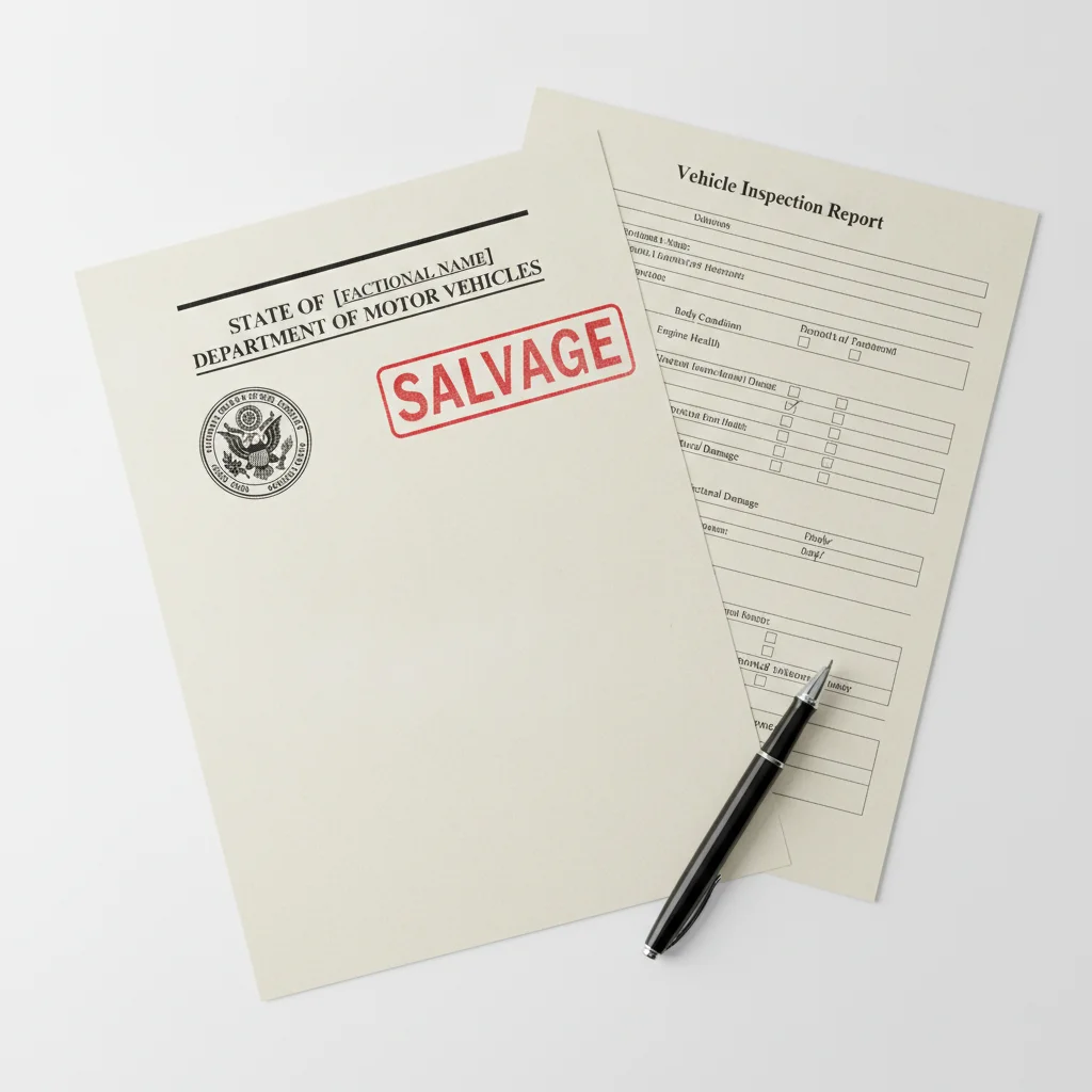 A vehicle title document stamped with SALVAGE in red ink beside an inspection report