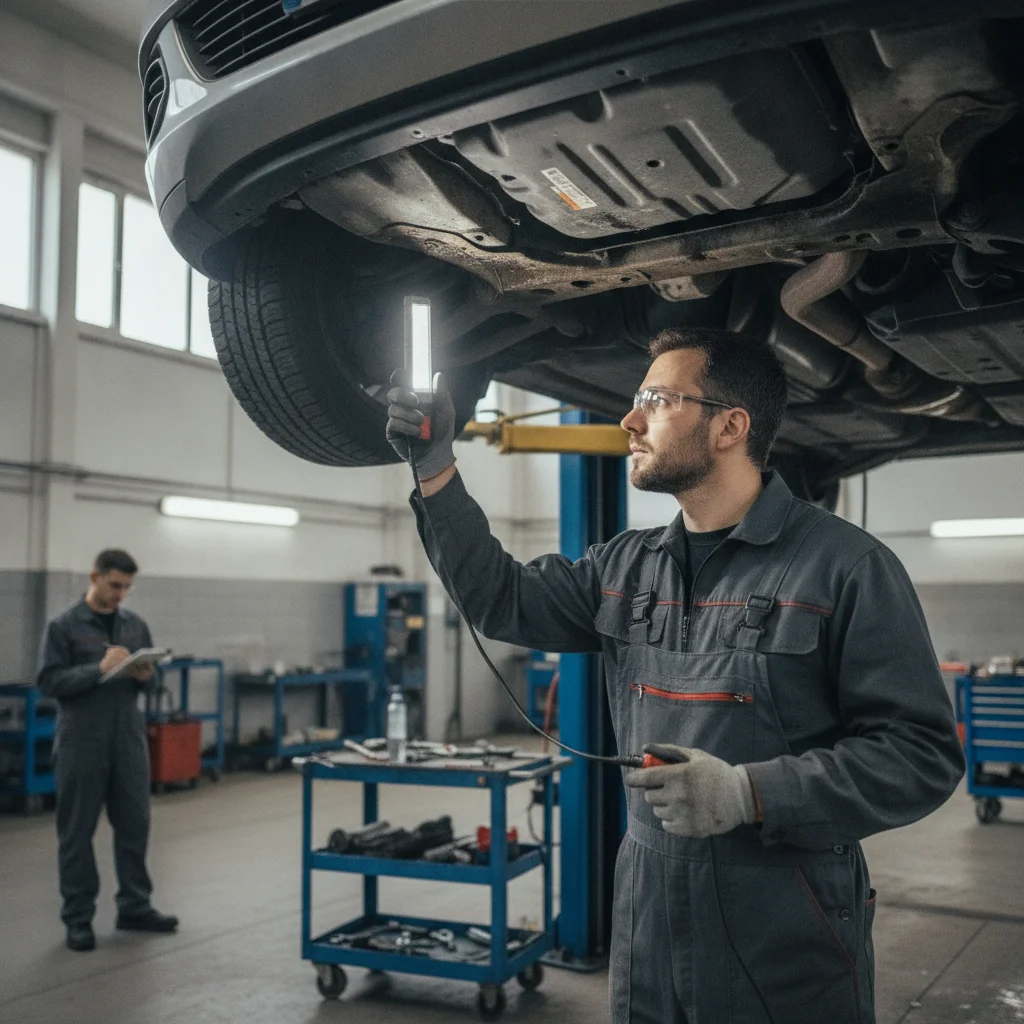 Mechanic inspecting undercarriage of a car on a lift in a professional garage