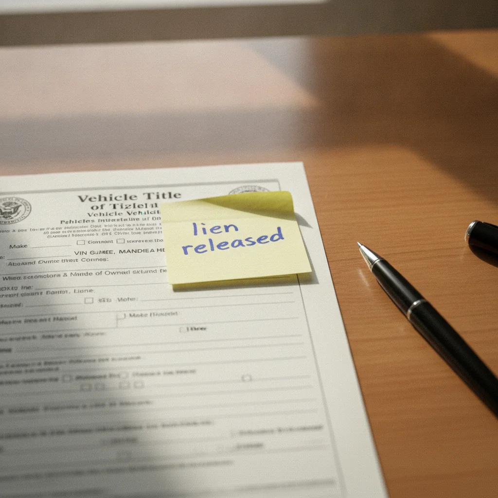 A vehicle title document on a desk with a pen and lien release note, ready for signing
