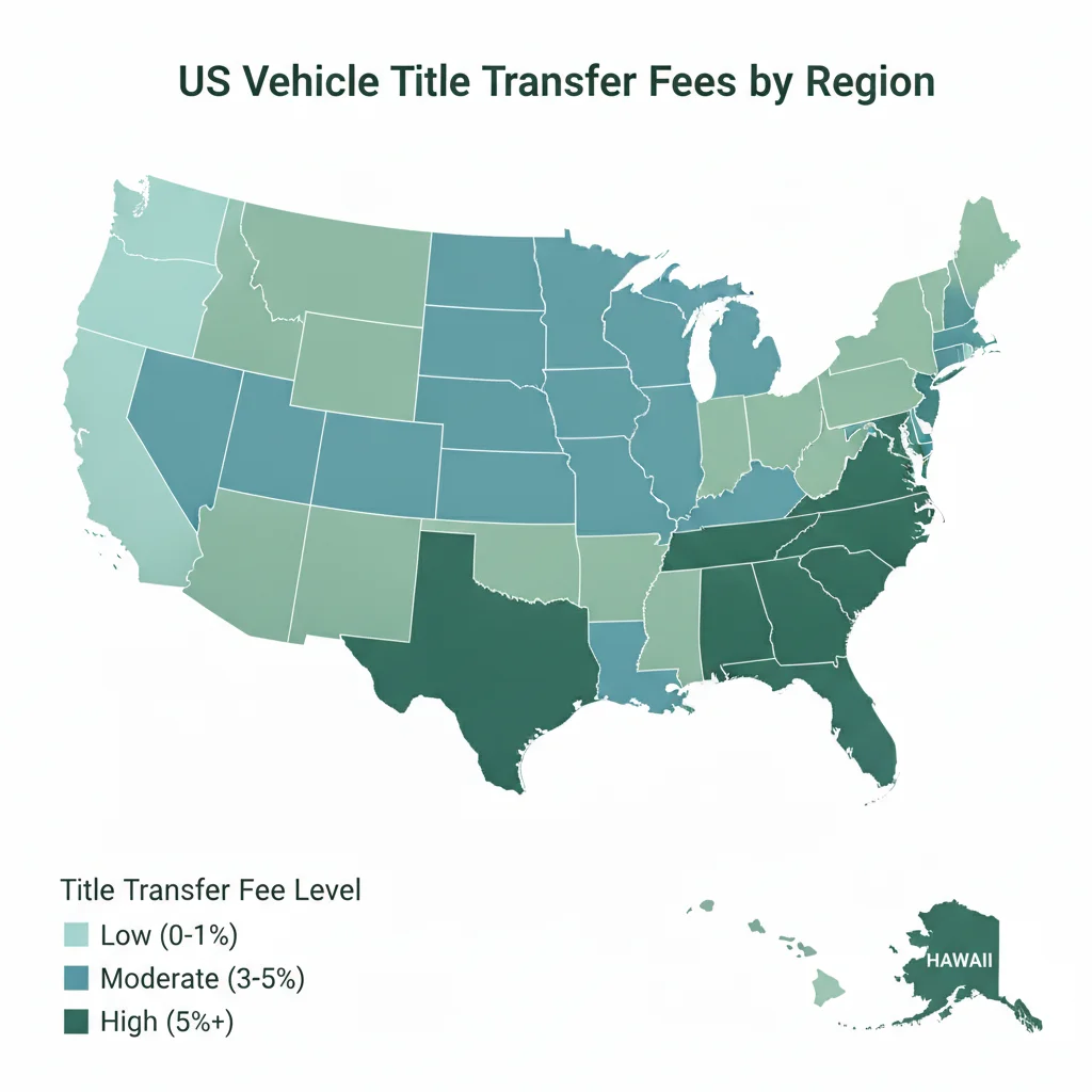 Color-coded US map showing regional variation in vehicle title transfer fees by state