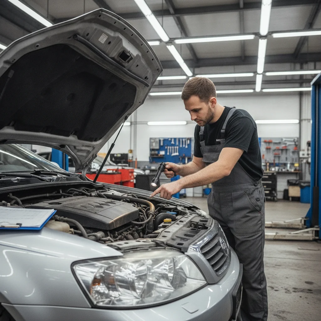 Mechanic performing a thorough pre-purchase inspection on a used car in a garage