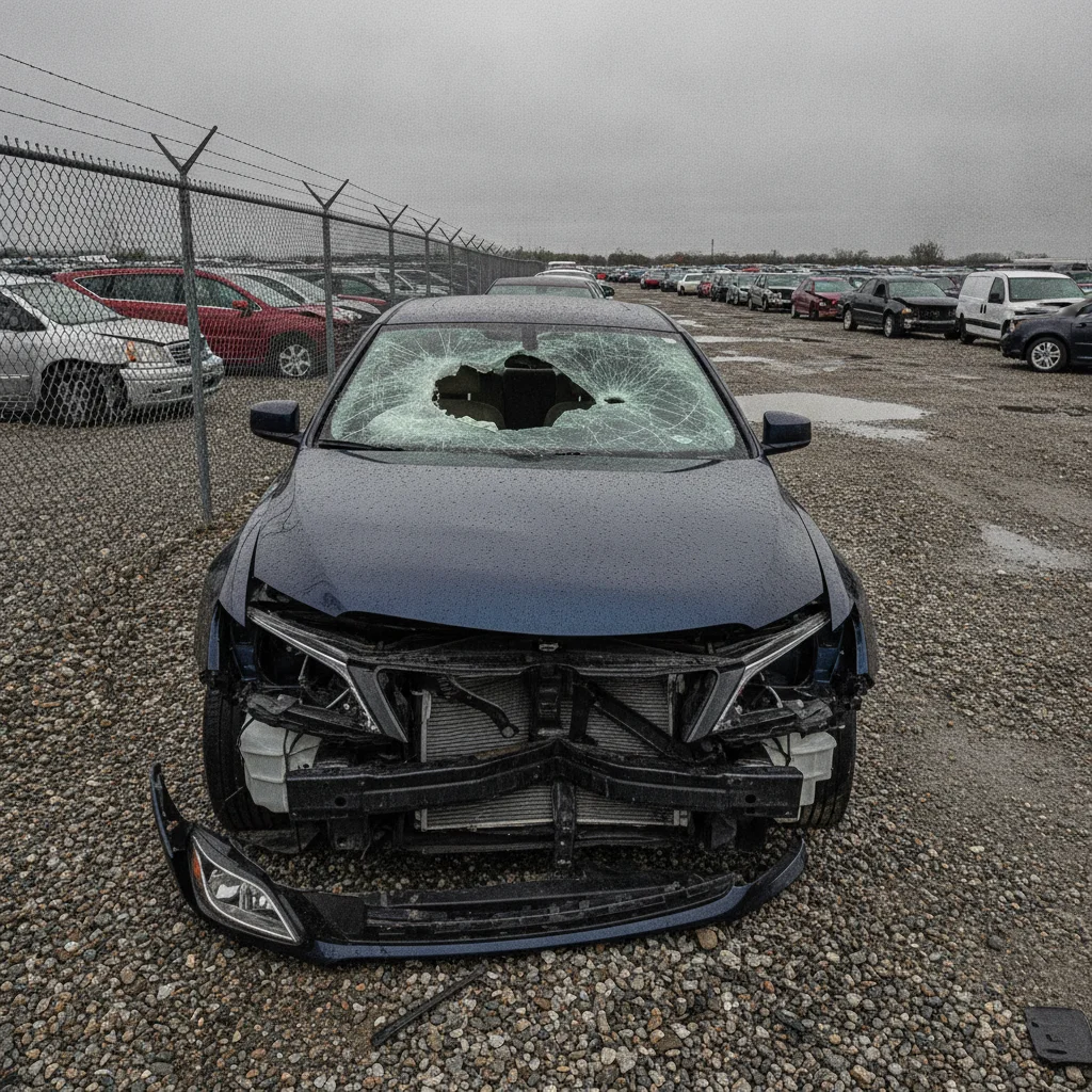 Severely damaged car at an insurance salvage yard with crumpled front end