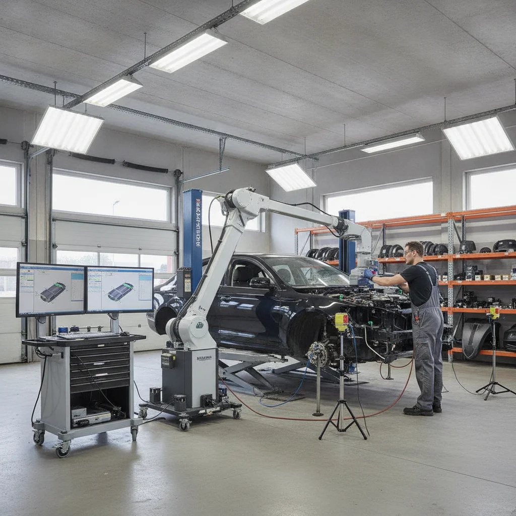 Auto body technician using frame measurement equipment on a repaired vehicle in a body shop