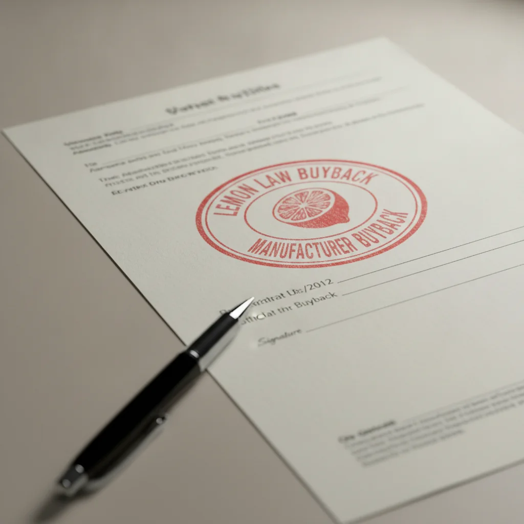 Vehicle title document showing a manufacturer buyback lemon law stamp in close-up detail