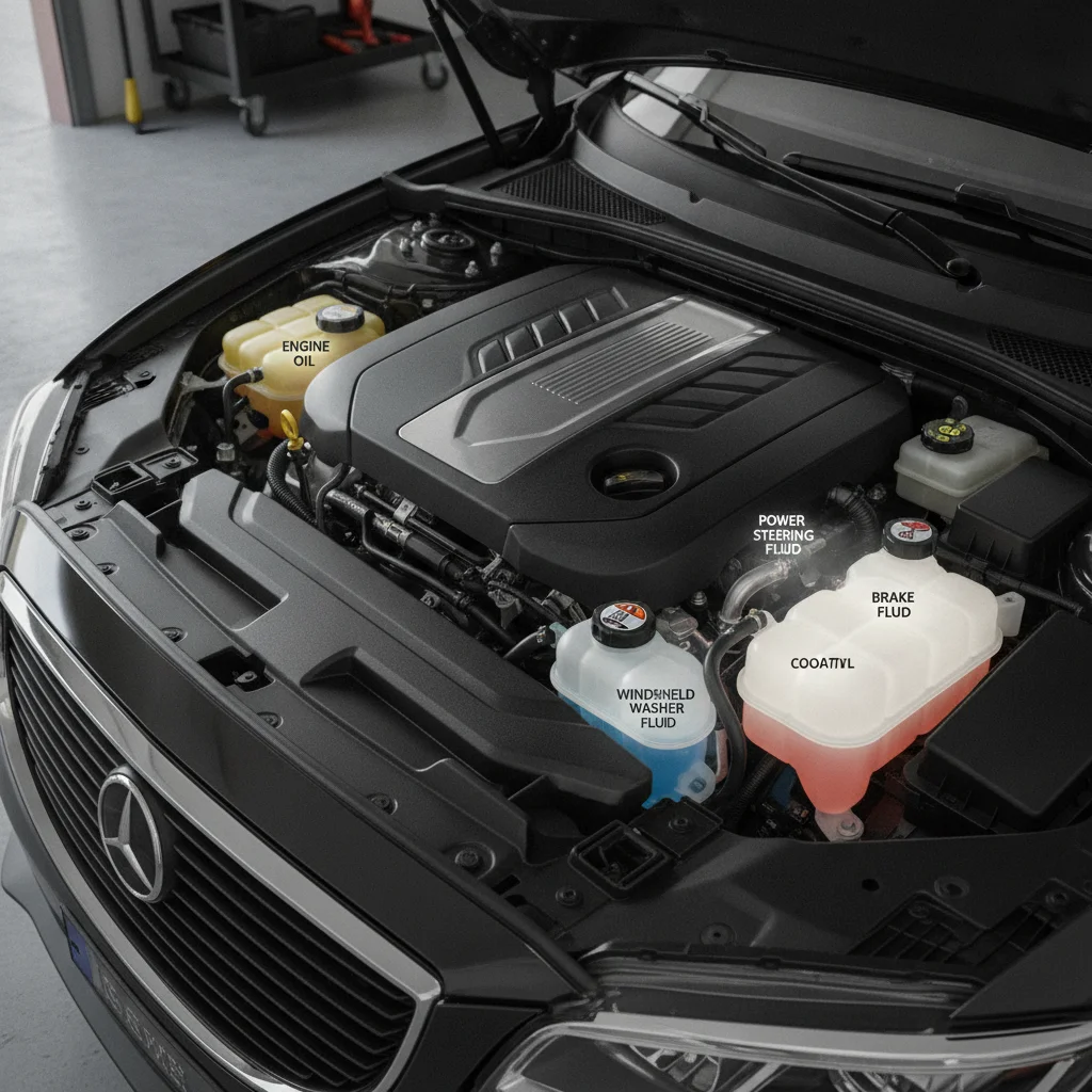Overhead view of a car engine bay showing multiple fluid reservoirs in their typical locations
