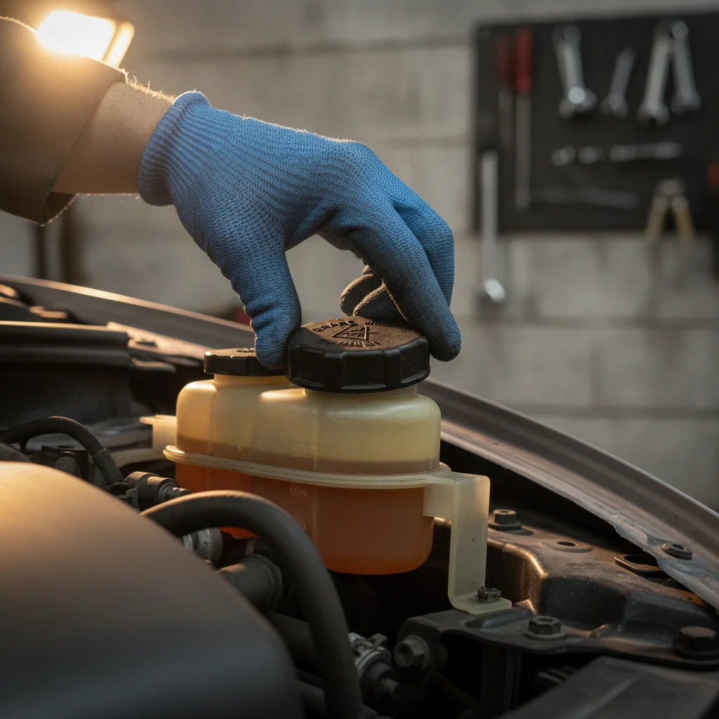 Gloved hand opening a brake fluid reservoir cap showing MIN and MAX level markings