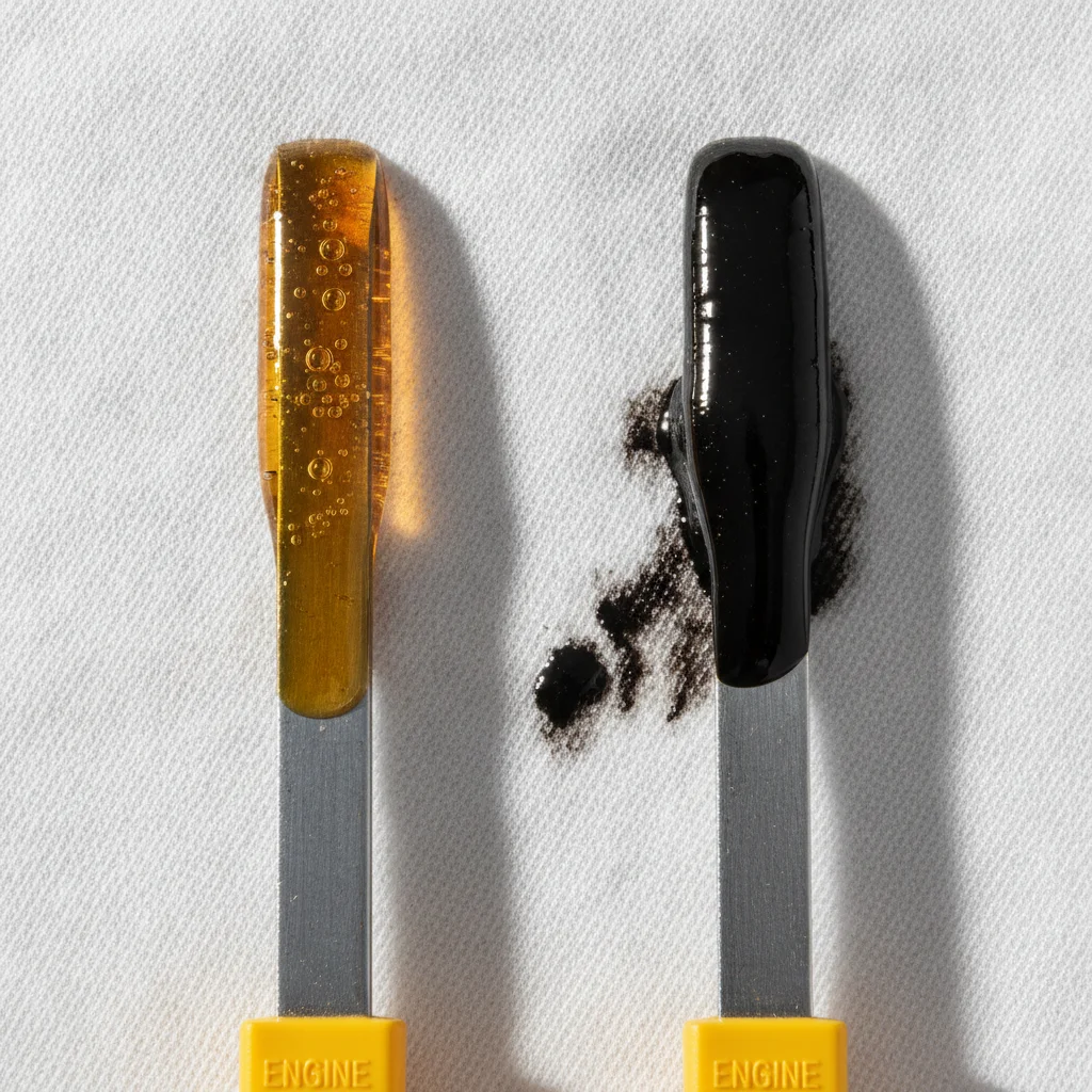 Two dipsticks side by side showing fresh amber engine oil versus dark degraded engine oil on a white rag
