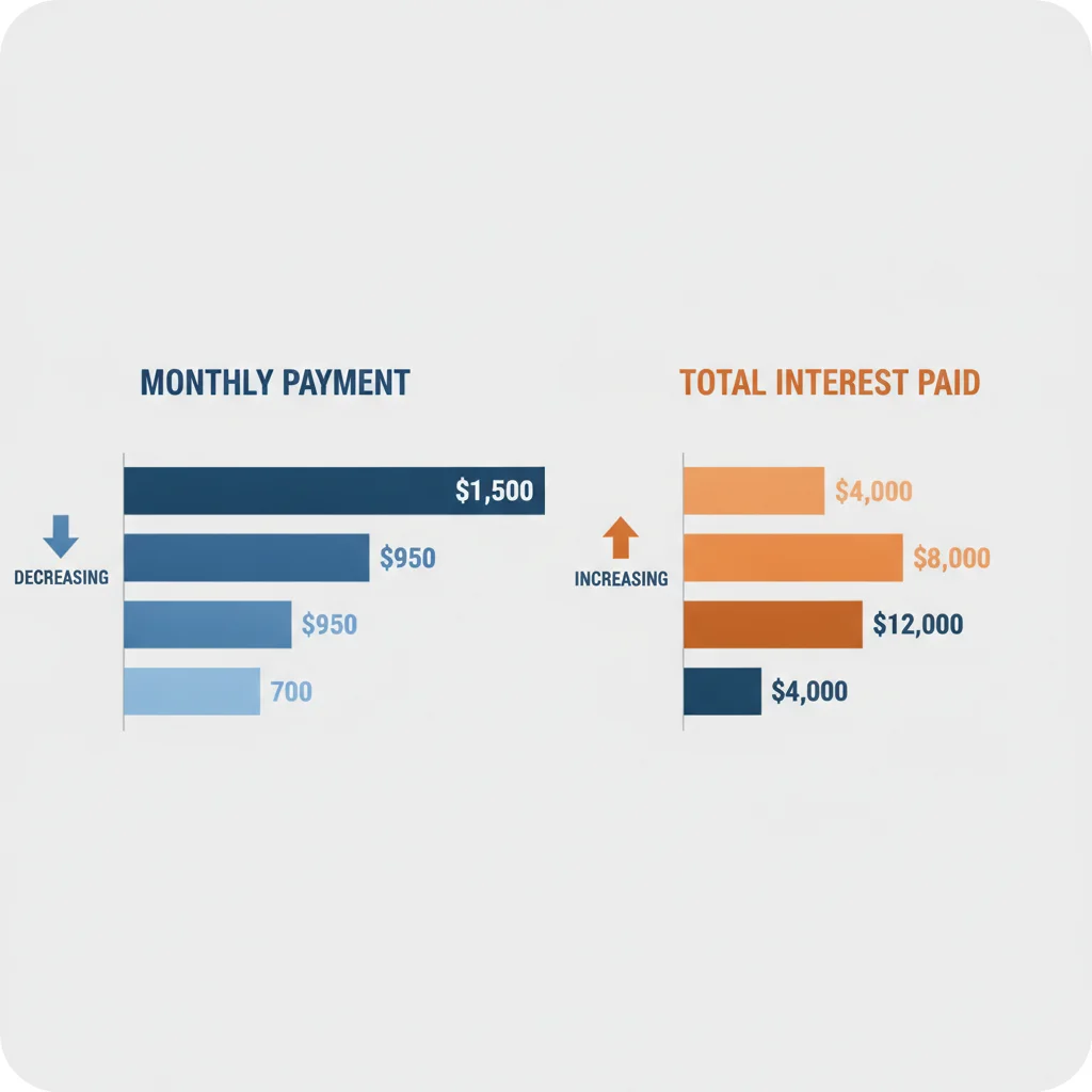 Two bar charts showing monthly payments decreasing and total interest increasing as loan term extends from 36 to 84 months.