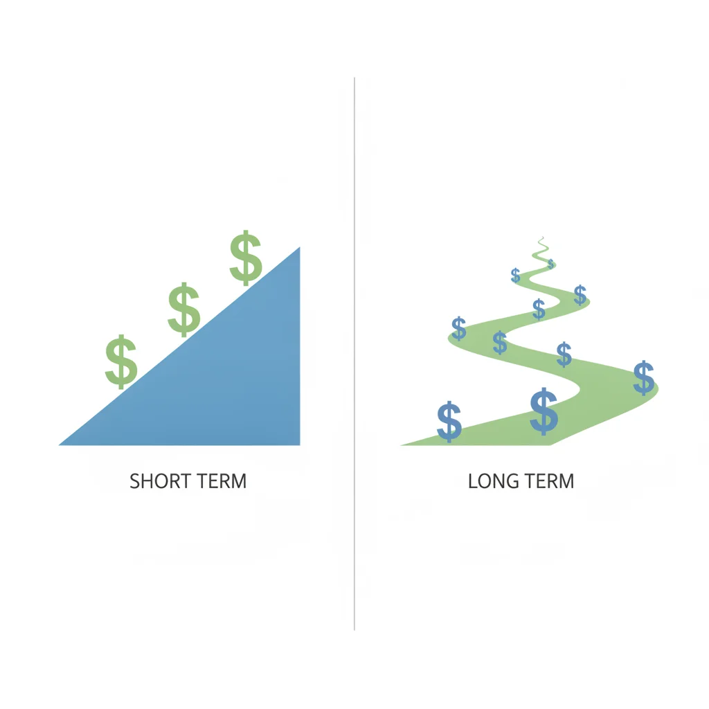 Illustration comparing a short steep loan repayment path to a long gradual one with more total cost markers.