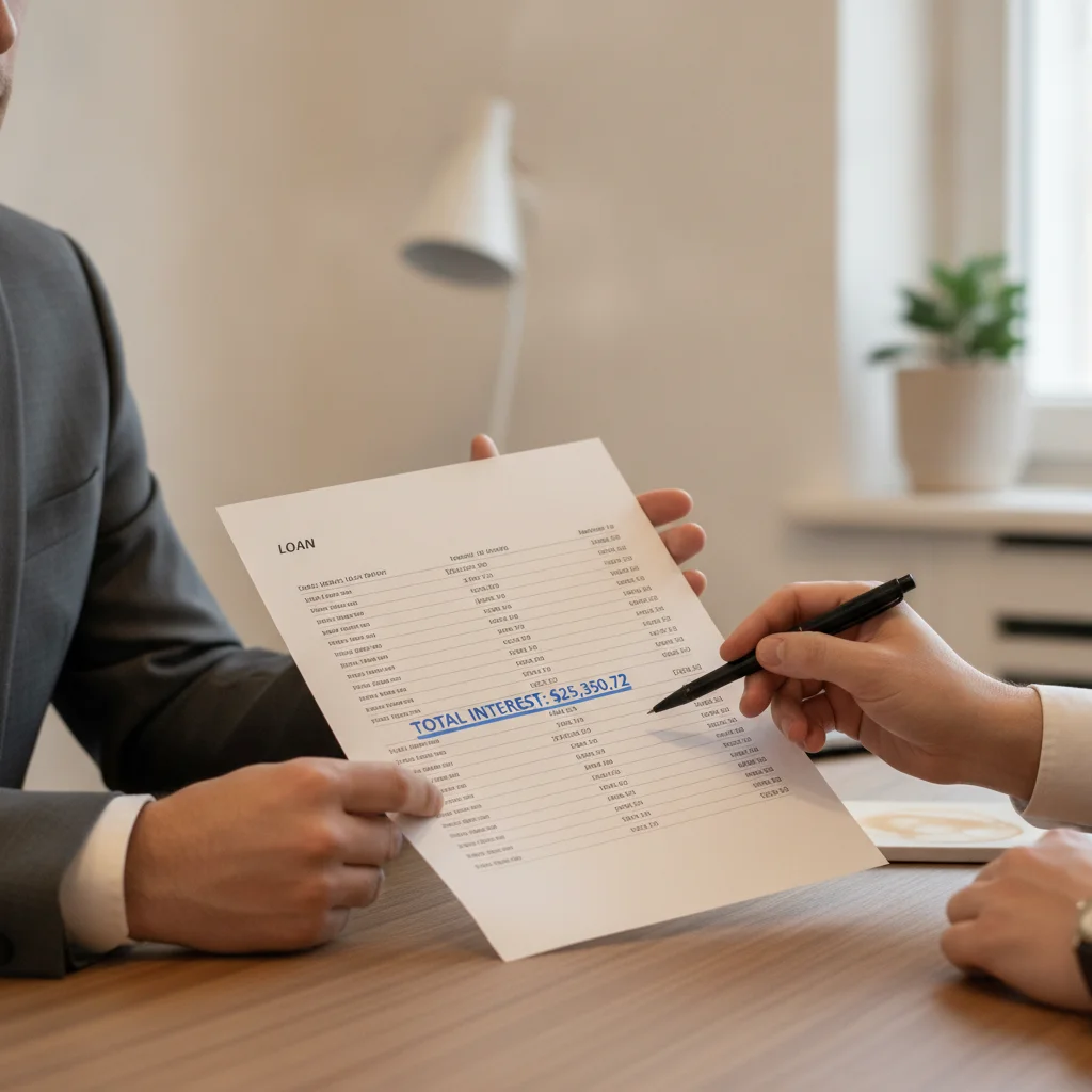 Hands pointing to a total interest figure on a printed auto loan document at a dealership desk.