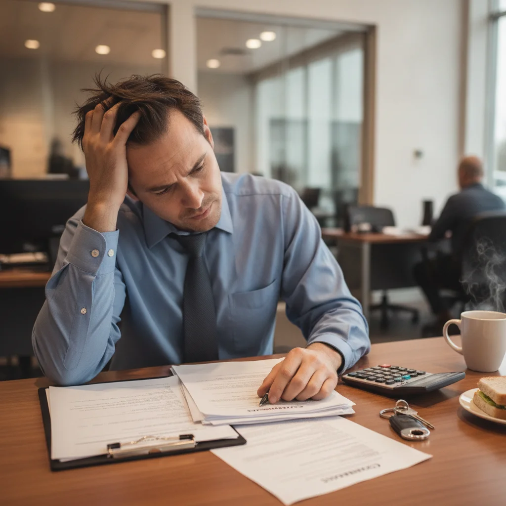 Driver reviewing loan paperwork at a desk with car keys and a calculator visible nearby