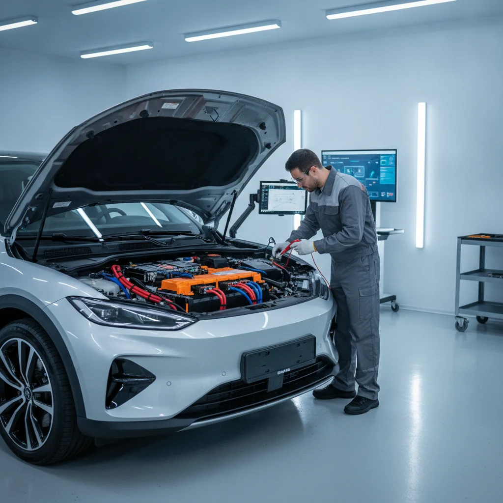 Electric vehicle with hood open and technician inspecting the high-voltage battery pack inside