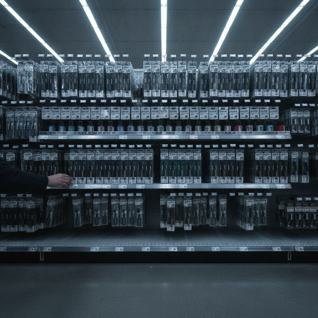 Automotive touch-up paint pens and bottles lined up on a retail store shelf