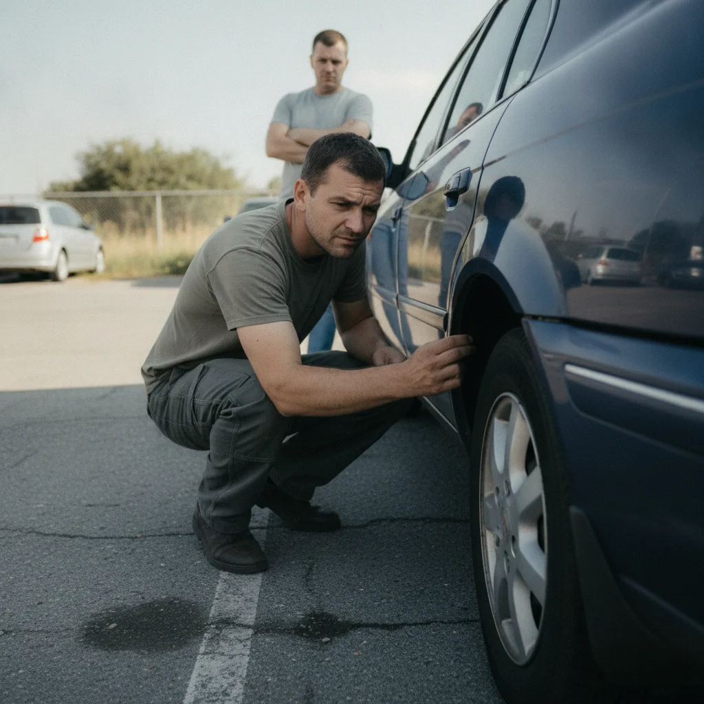 A car buyer closely inspecting a vehicle door panel for paint damage during a private sale