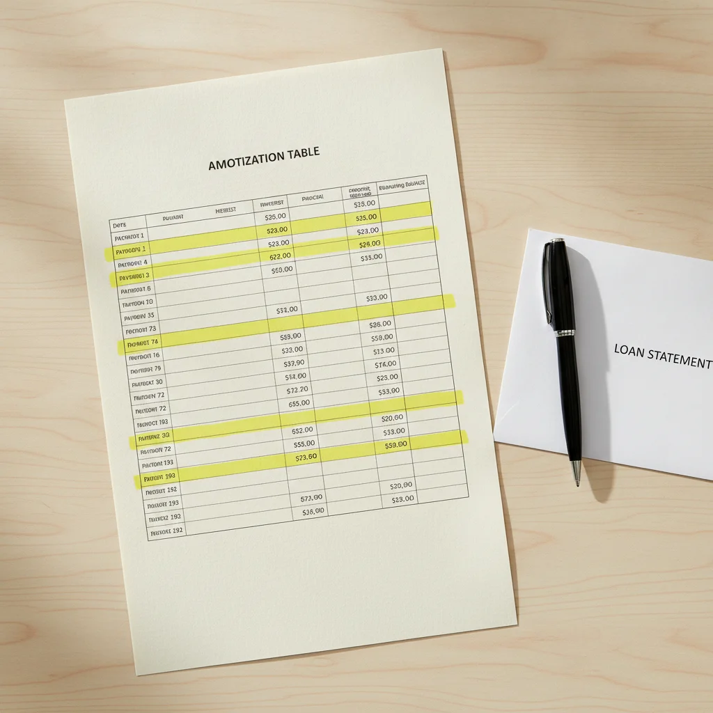 Highlighted amortization schedule on a desk beside a pen and loan statement envelope showing payment breakdown.