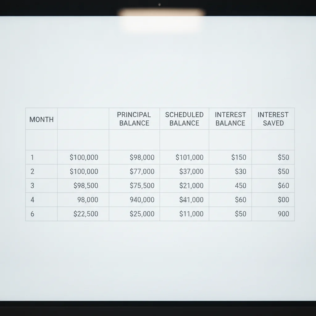 Laptop screen showing an auto loan tracking spreadsheet with declining principal balance and growing interest saved columns.