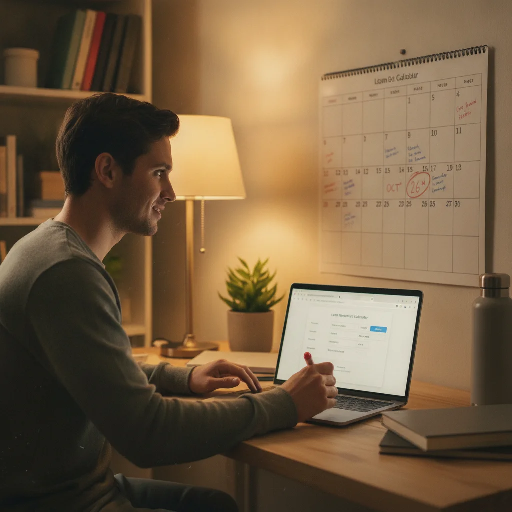 Person circling an early payoff target date on a wall calendar beside an open laptop showing a loan calculator.