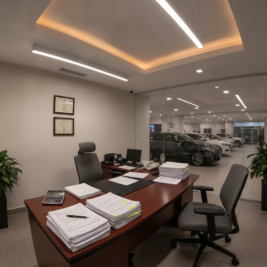 Dealership finance office with a contract and calculator spread across the desk
