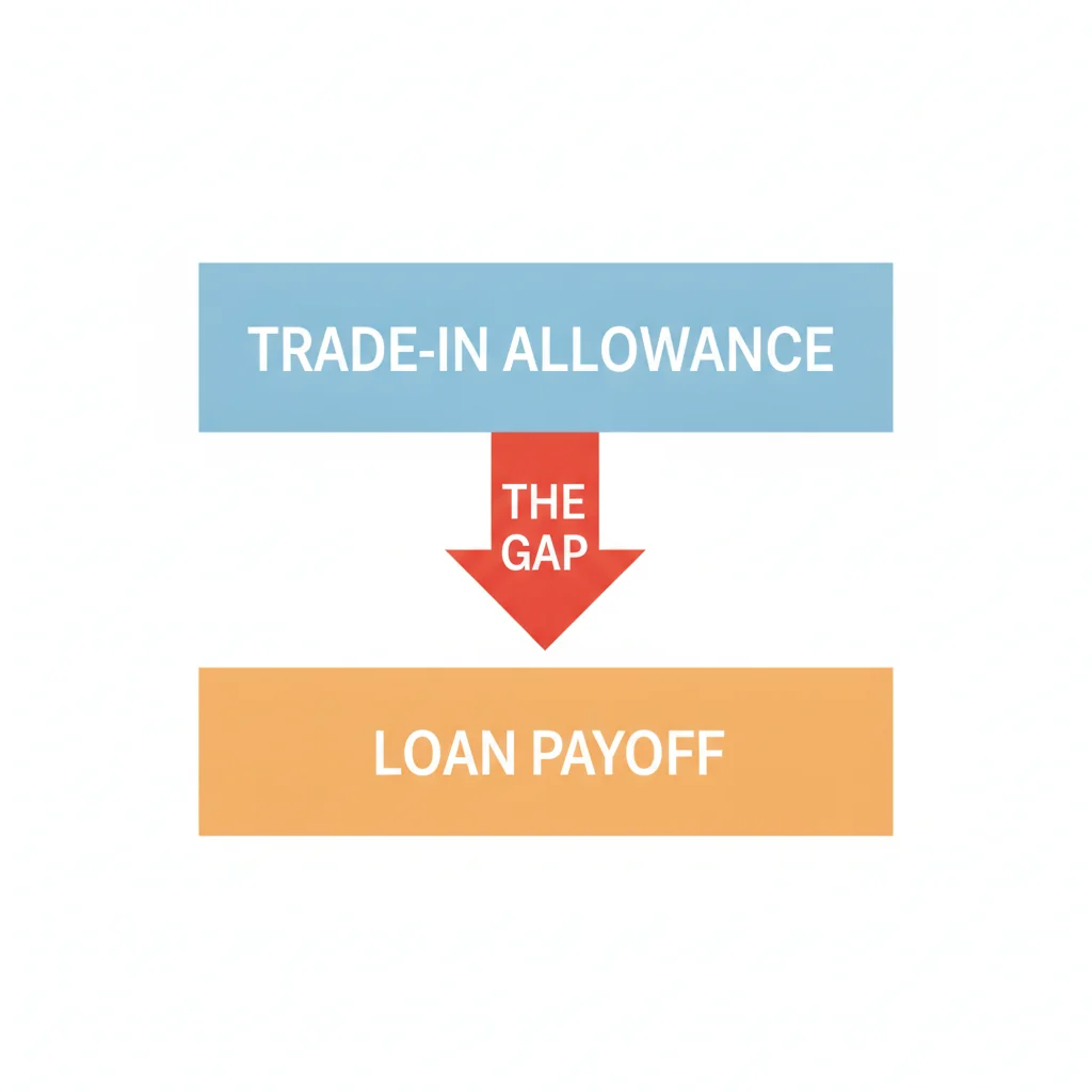 Diagram illustrating the gap between trade-in allowance and loan payoff representing negative equity