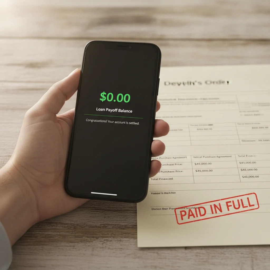 Person comparing a loan payoff amount on a smartphone to figures on a dealership buyer's order