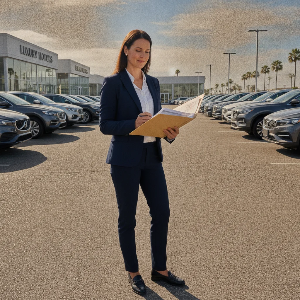 A car seller reviewing competing trade-in offer documents in a dealership parking lot