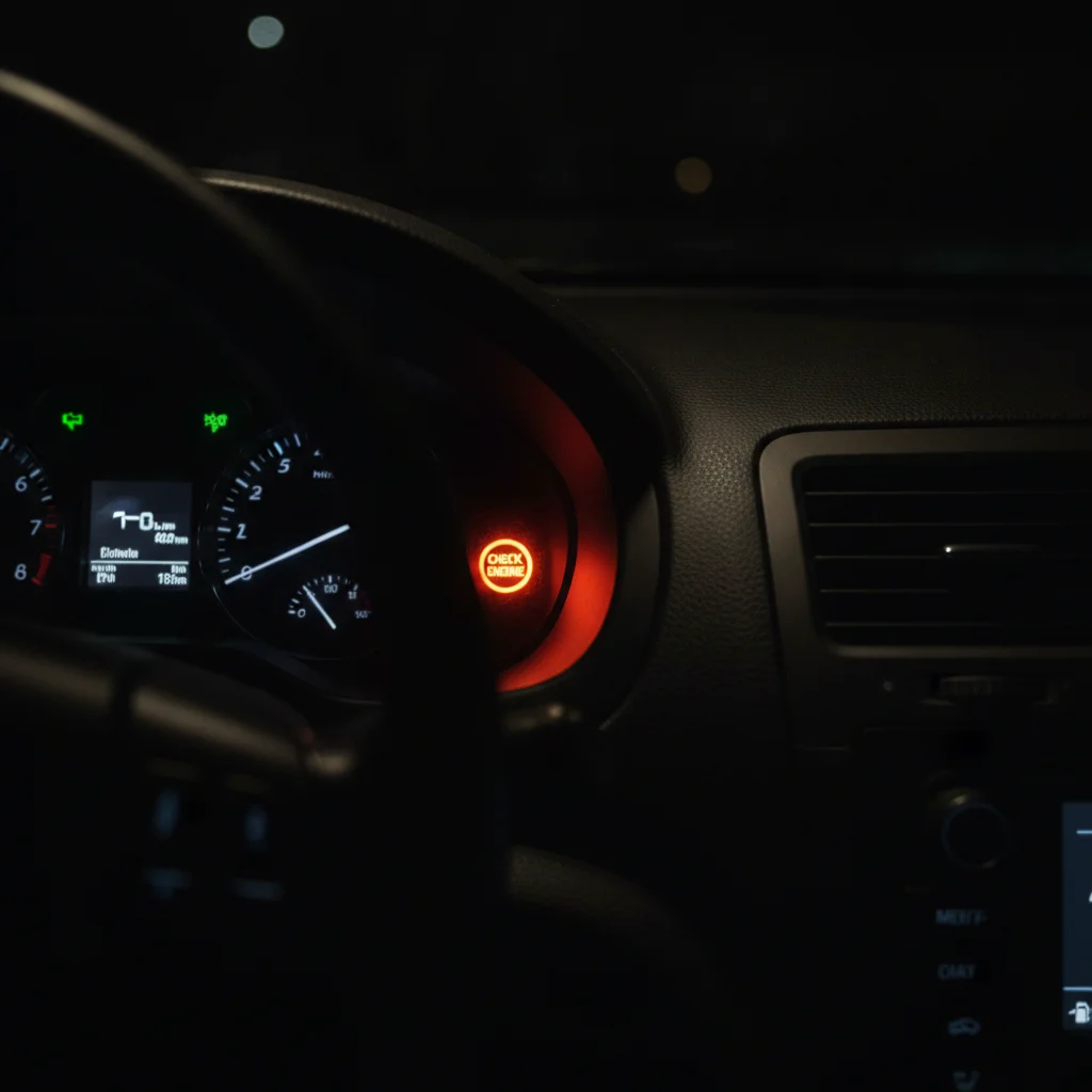 A Check Engine light illuminated on a car dashboard warning display