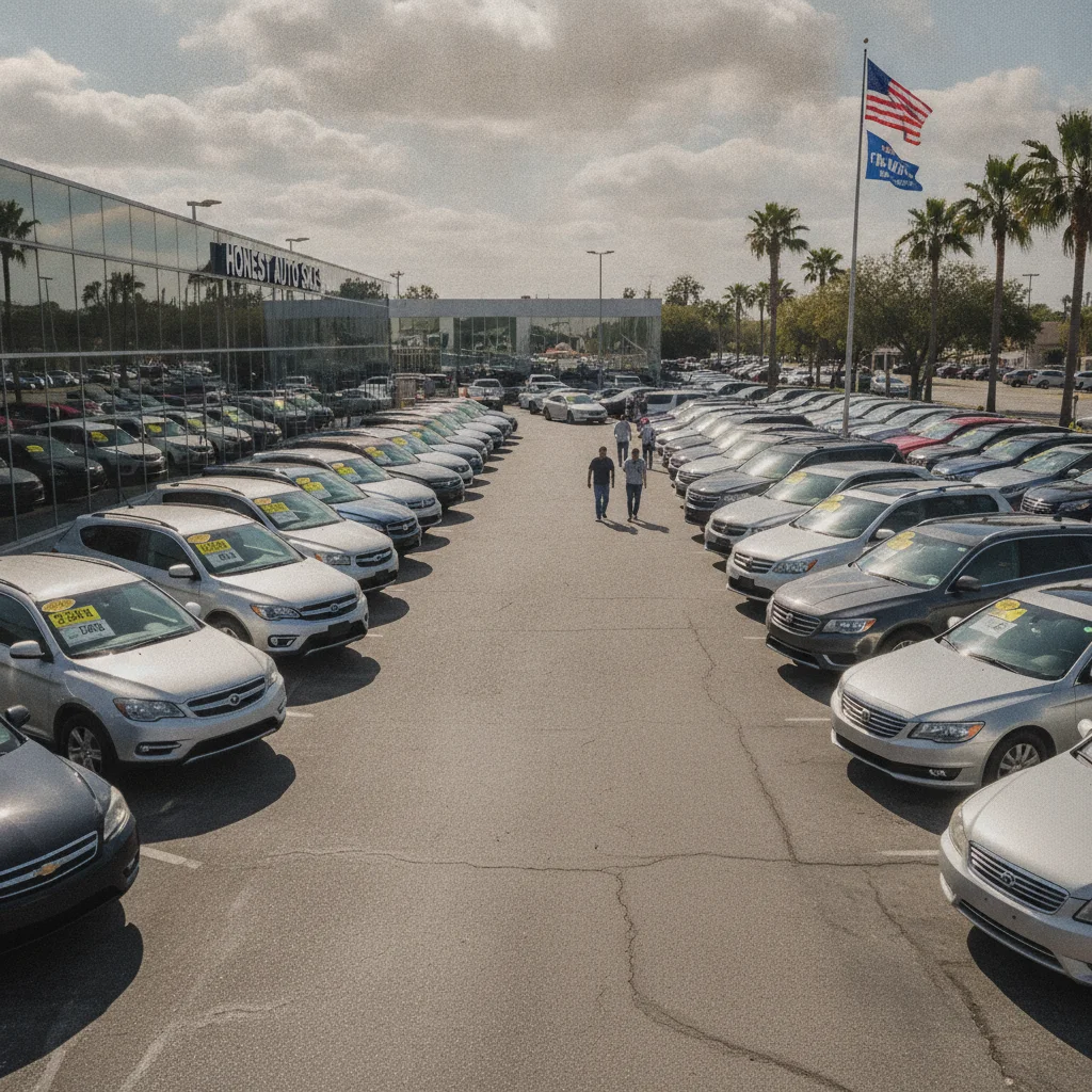 A dealership used car lot with rows of vehicles under bright midday sunlight