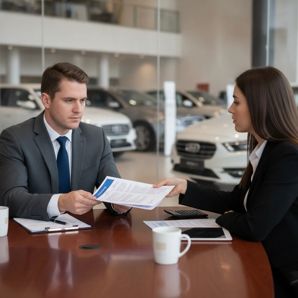 A seller and dealer representative negotiating a trade-in agreement across a dealership desk