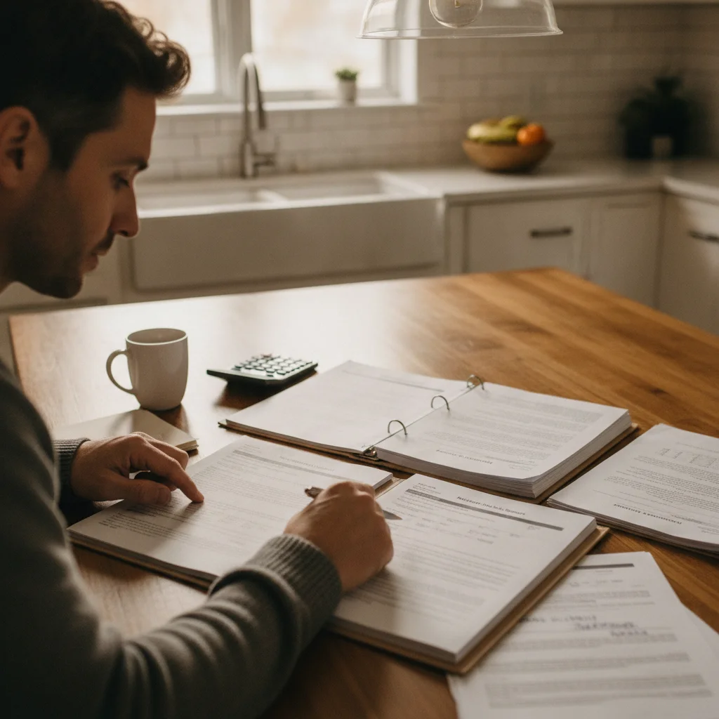 A person comparing multiple trade-in appraisal offers at a table with a calculator