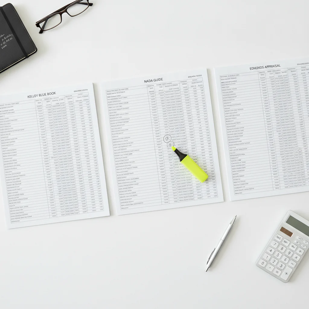 Three vehicle valuation printouts from different sources laid side by side on a desk