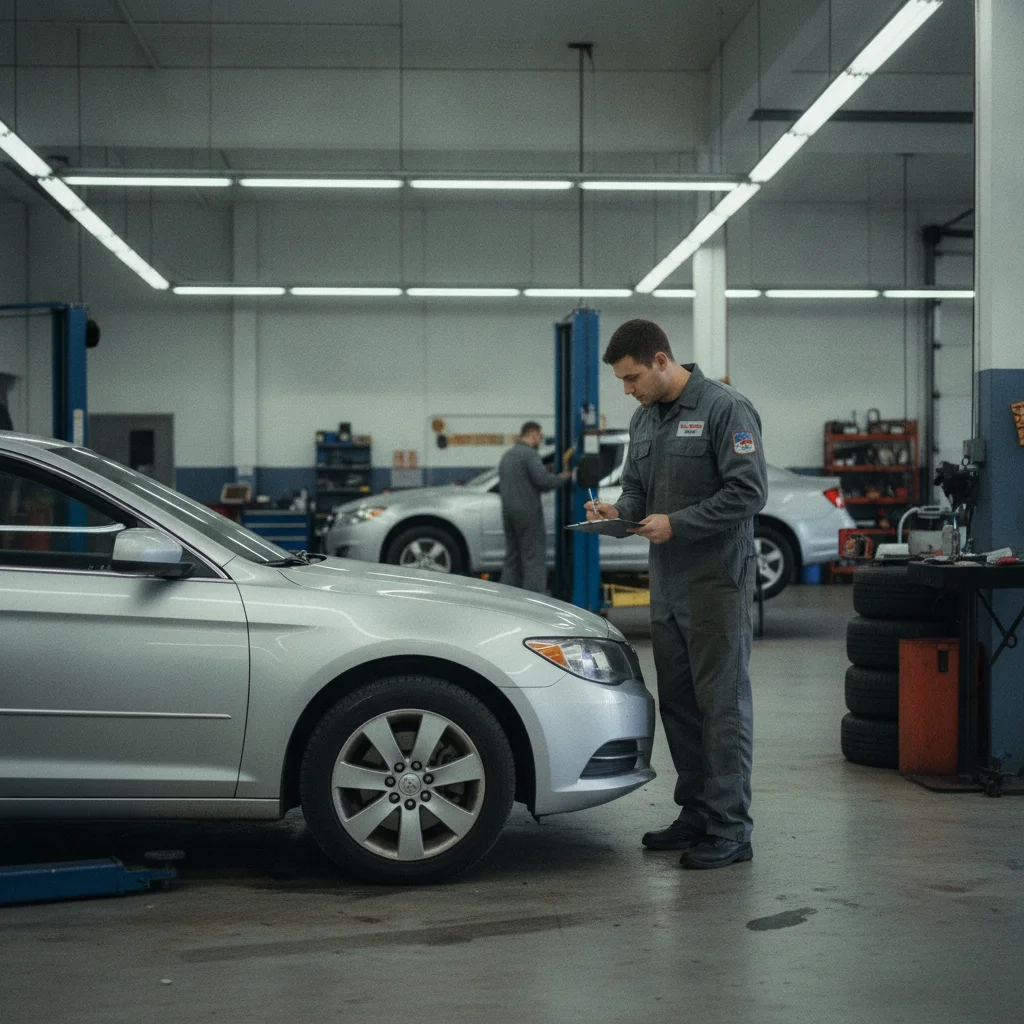 A mechanic inspecting a trade-in vehicle on a lift and writing notes on a clipboard